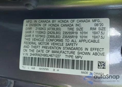 2020 Honda Cr-V Awd Touring из США, поврежденный, VIN 2HKRW2H90LH671227